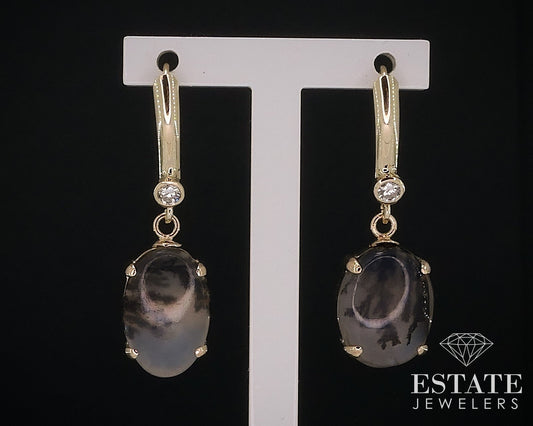 14k Yellow Gold Natural Moss Agate & Diamond Dangle Earrings 3.8g i17631