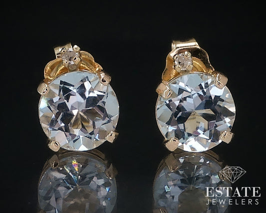 14k Yellow Gold Natural Blue Topaz & Diamond Stud Earrings 1.1g i17628