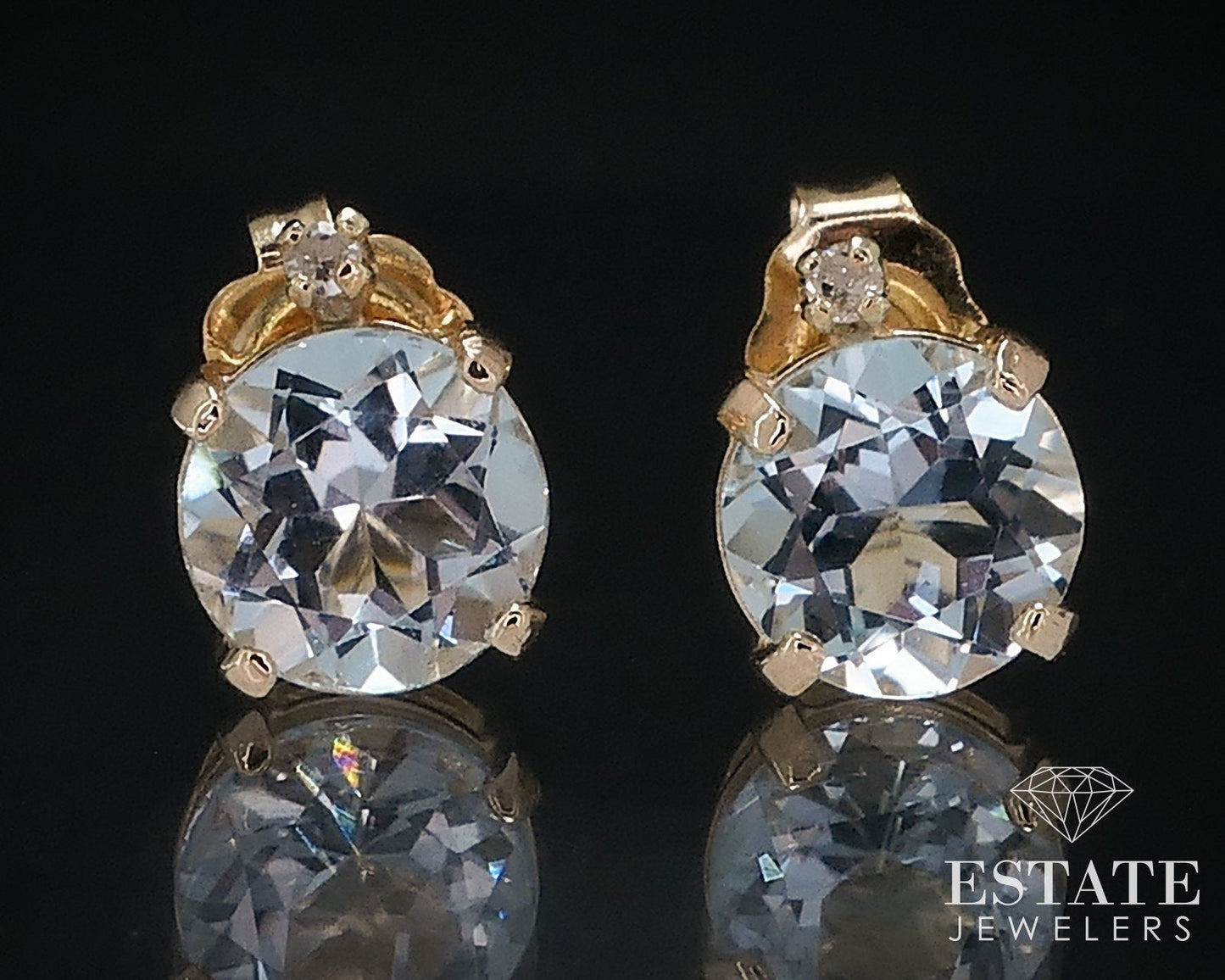 14k Yellow Gold Natural Blue Topaz & Diamond Stud Earrings 1.1g i17628
