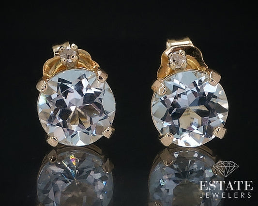 14k Yellow Gold Natural Blue Topaz & Diamond Stud Earrings 1.1g i17628