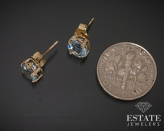 14k Yellow Gold Natural Blue Topaz & Diamond Stud Earrings 1.1g i17628