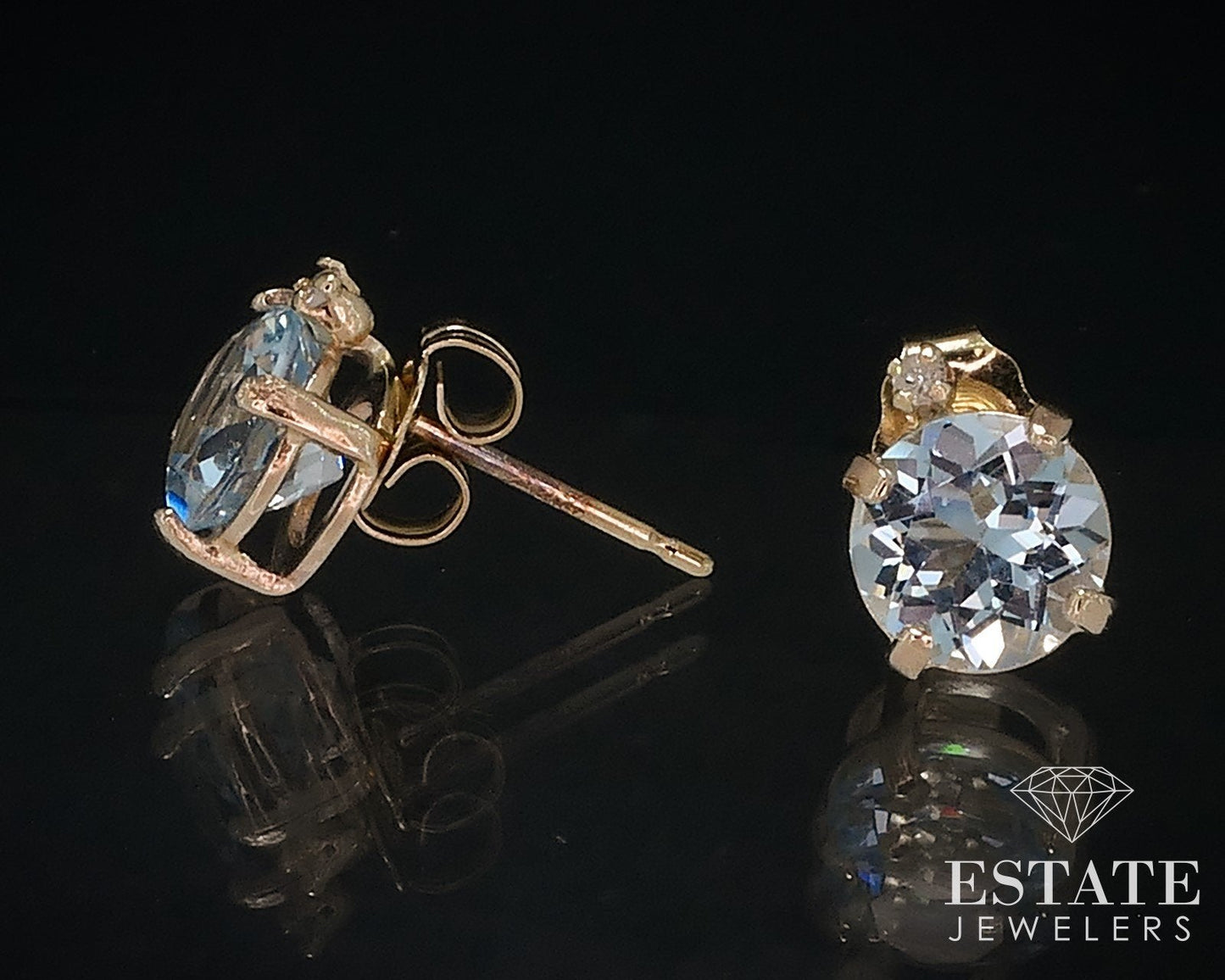 14k Yellow Gold Natural Blue Topaz & Diamond Stud Earrings 1.1g i17628