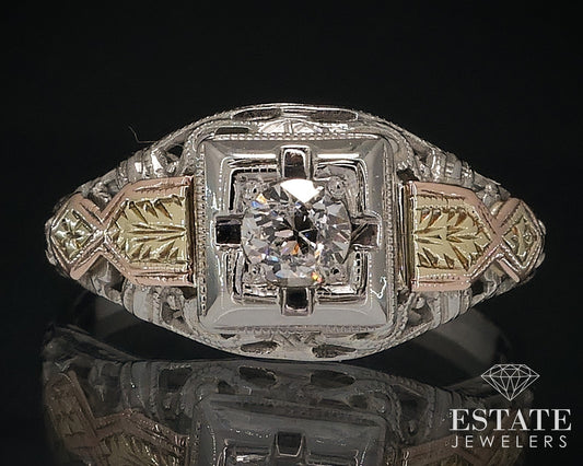 Antique 18k Tri Colored Gold European .12ct Diamond Filigree Ring 2.5g i17619