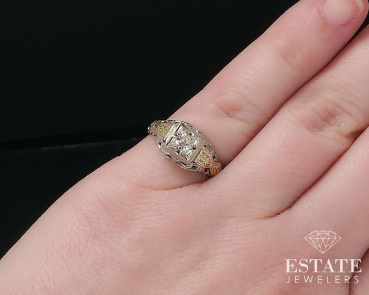 Antique 18k Tri Colored Gold European .12ct Diamond Filigree Ring 2.5g i17619