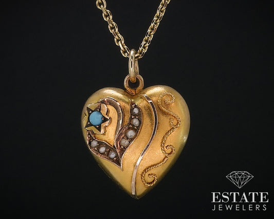 Antique Victorian Solid Gold Seed Pearl Turquoise Puffy Heart Necklace 4g i17617