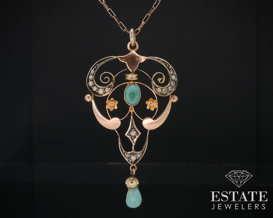 Antique 9k Yellow Gold Turquoise & Seed Pearl Lavalier Necklace 3.9g i17612