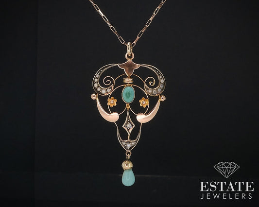 Antique 9k Yellow Gold Turquoise & Seed Pearl Lavalier Necklace 3.9g i17612