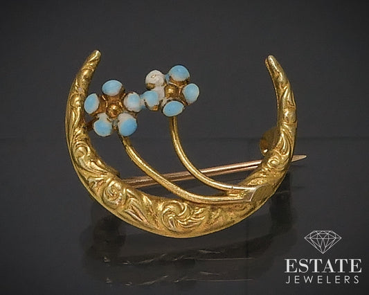 Antique Nouveau 10k Yellow Gold Enameled Crescent Moon Pin Brooch 1g i17616