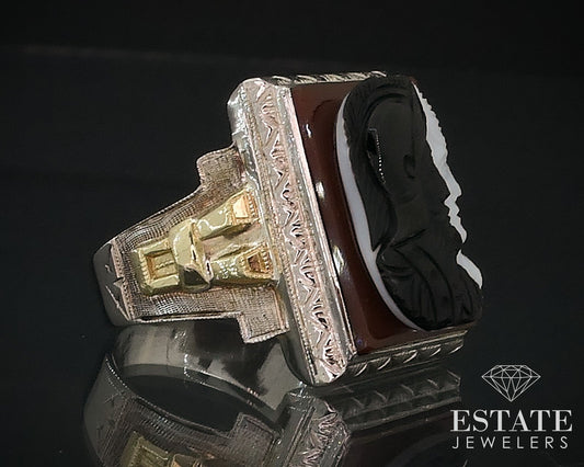 Antique 10k White Gold Natural Sardonyx Double Cameo Mens Ring 8.7g i17638
