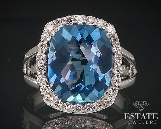14k White Gold Cushion Natural Blue Topaz & Diamond Halo Ladies Ring 6.6g i17646