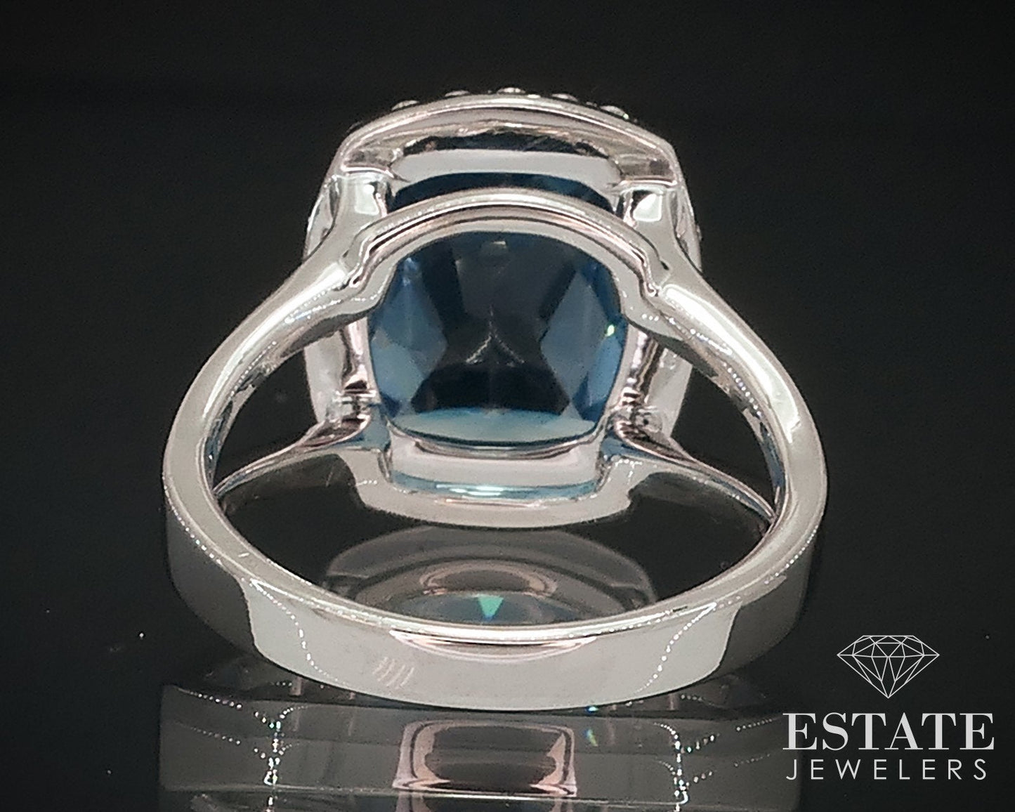 14k White Gold Cushion Natural Blue Topaz & Diamond Halo Ladies Ring 6.6g i17646