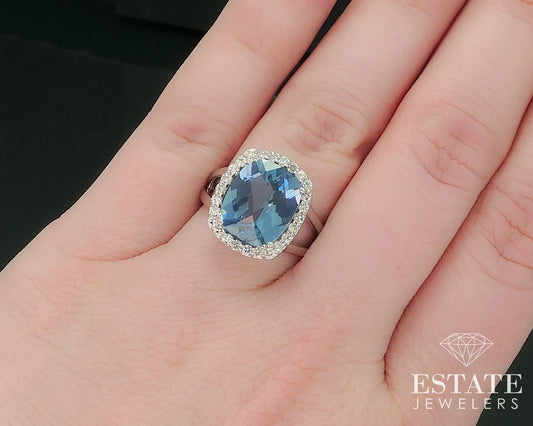 14k White Gold Cushion Natural Blue Topaz & Diamond Halo Ladies Ring 6.6g i17646