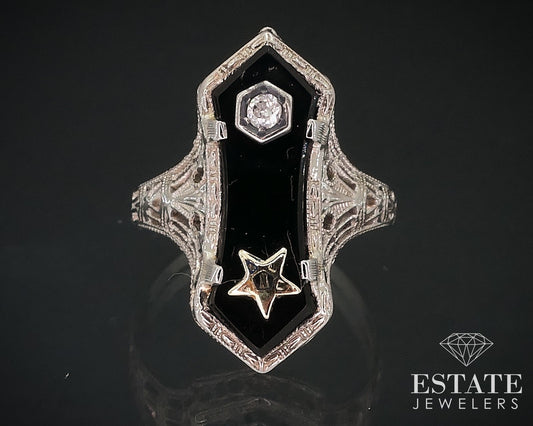 Antique 14k White Gold Masonic Eastern Star Diamond Black Onyx Ring 2.8g i17641