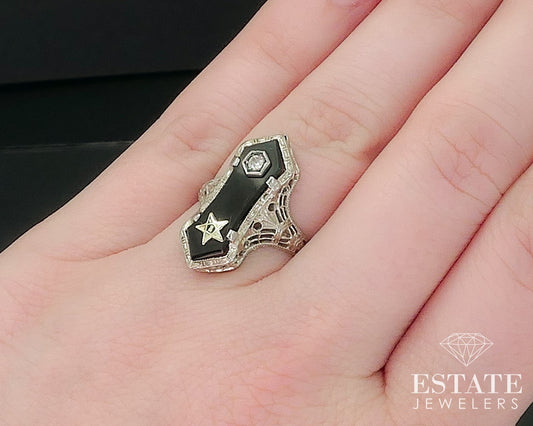 Antique 14k White Gold Masonic Eastern Star Diamond Black Onyx Ring 2.8g i17641