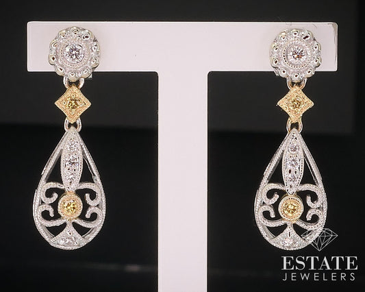 18k Two Tone Gold Natural .23ctw Yellow & White Diamond Earrings 2.5g i17677
