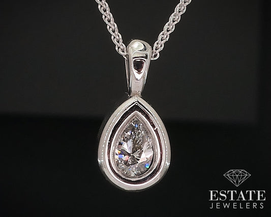 14k White Gold Pear Bezel Natural .22ct Diamond Solitaire Necklace 2.5g i17673