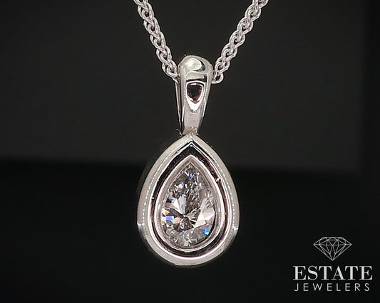 14k White Gold Pear Bezel Natural .22ct Diamond Solitaire Necklace 2.5g i17674