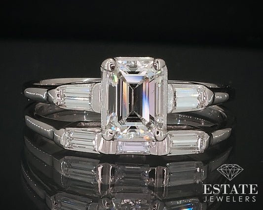 Vintage 14k White Gold Emerald Natural .95ctw Diamond Wedding Set 3.4g i17669