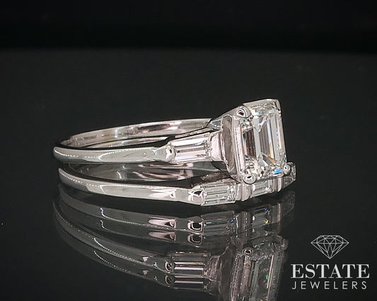 Vintage 14k White Gold Emerald Natural .95ctw Diamond Wedding Set 3.4g i17669