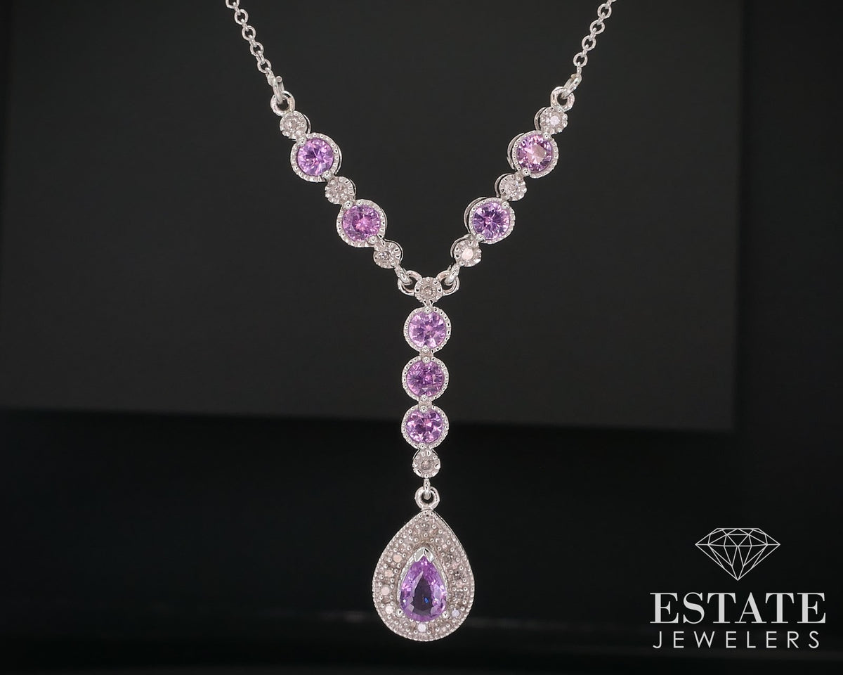 14k White Gold Natural Pink Diamond & Sapphire Lariat Necklace 4g 18"L p74472