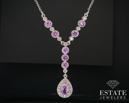 14k White Gold Natural Pink Diamond & Sapphire Lariat Necklace 4g 18"L p74472