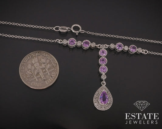 14k White Gold Natural Pink Diamond & Sapphire Lariat Necklace 4g 18"L p74472