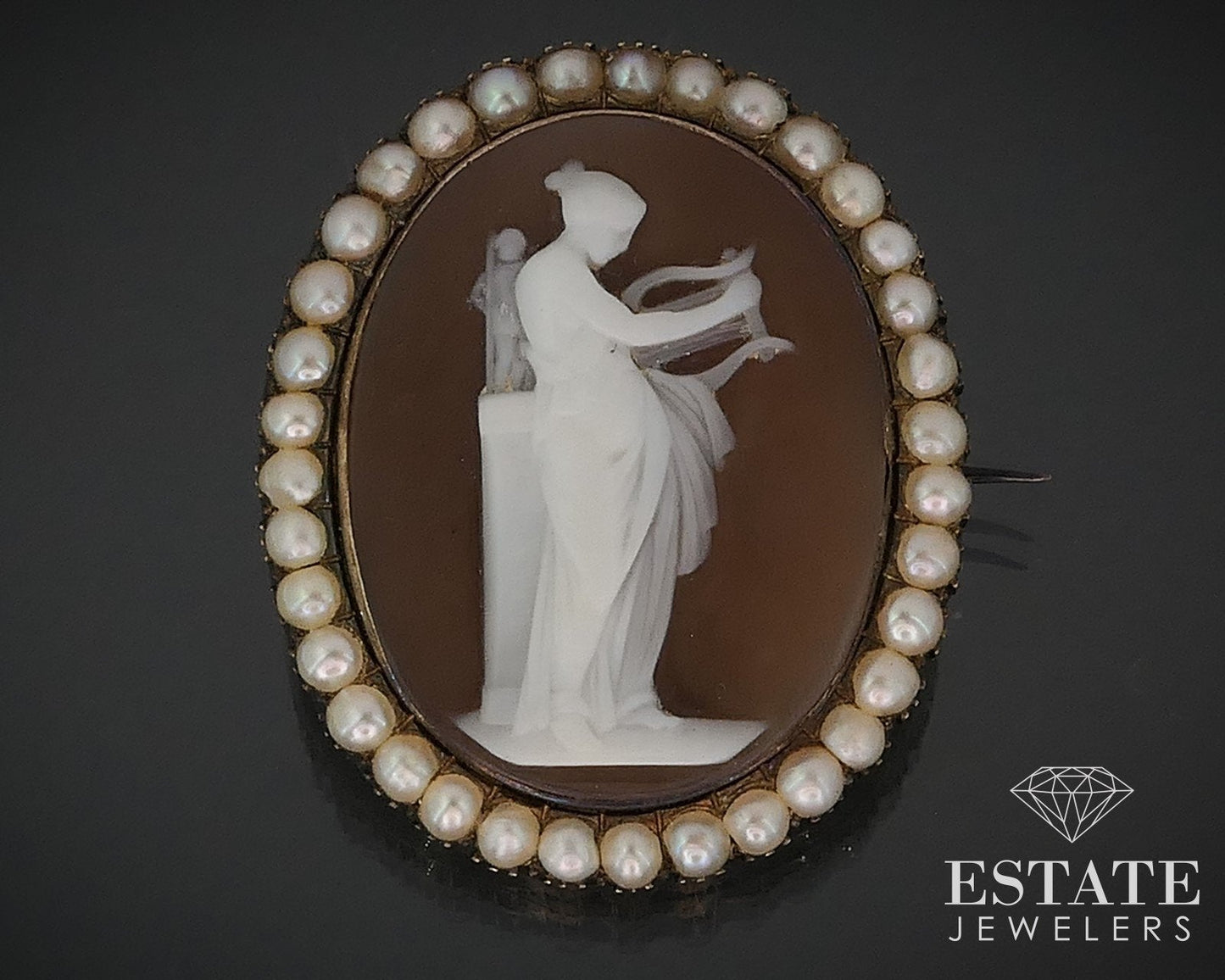 Antique Victorian 14k Yellow Gold Muse Cameo & Pearl Pin Brooch 10.5g i17709