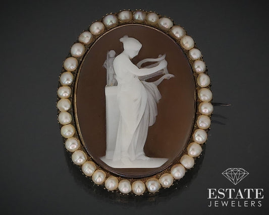 Antique Victorian 14k Yellow Gold Muse Cameo & Pearl Pin Brooch 10.5g i17709