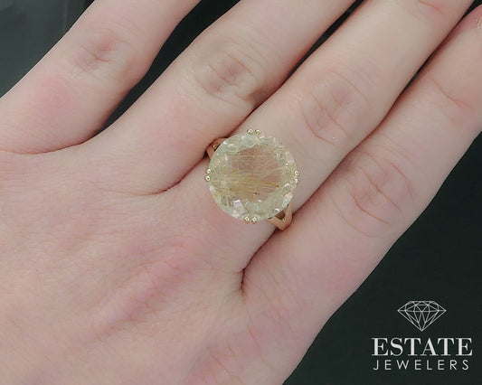 10k Yellow Gold Round Natural Rutilated Quartz Solitaire Ring 4.7g i17700