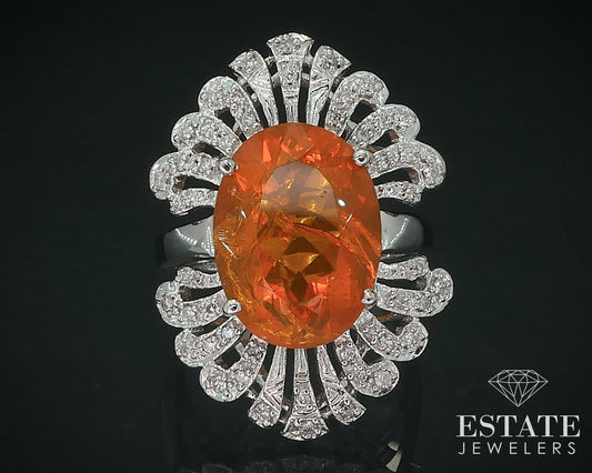 14k White Gold Natural Mexican Fire Opal & Diamond Cocktail Ring 8.6g i17699