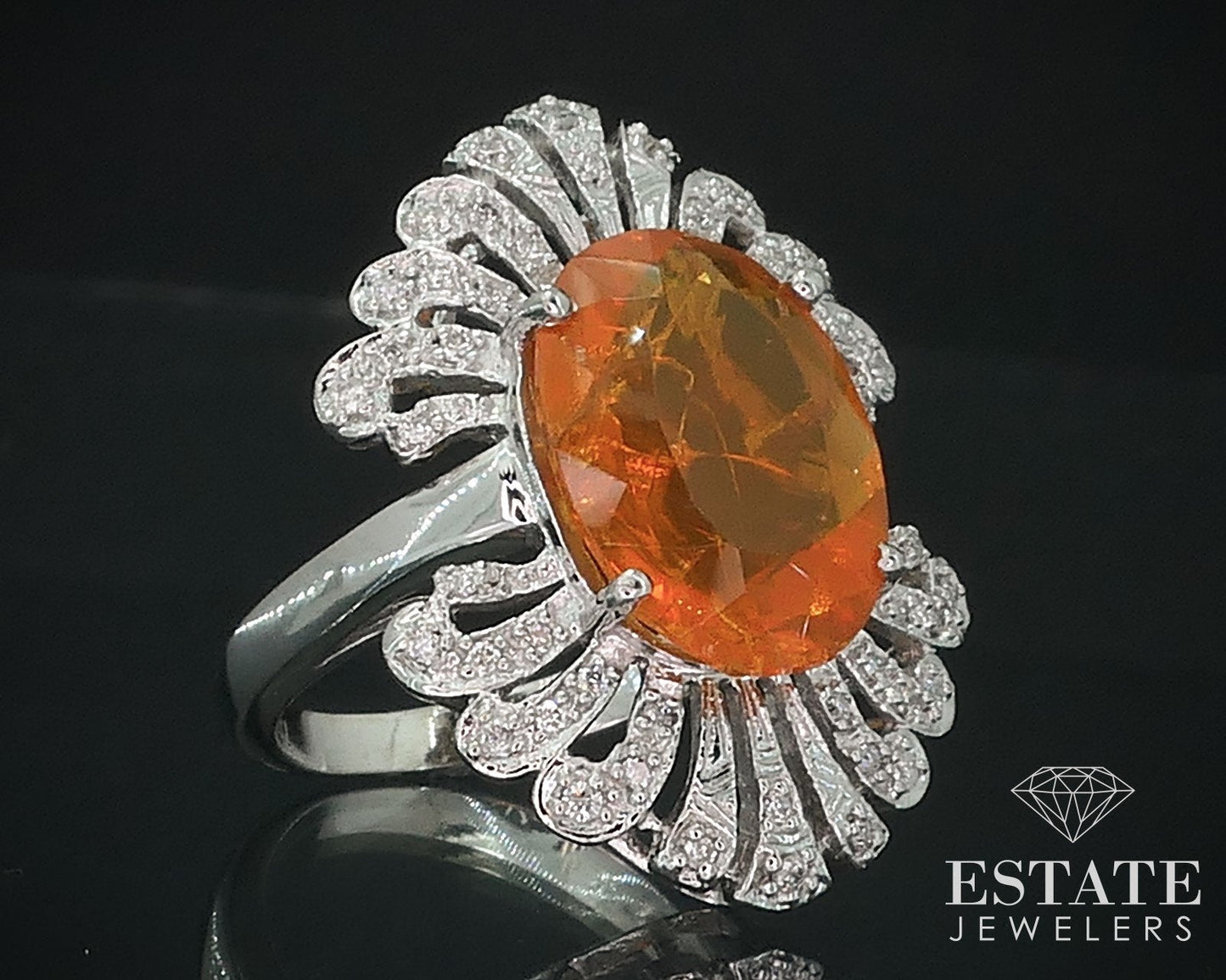 14k White Gold Natural Mexican Fire Opal & Diamond Cocktail Ring 8.6g i17699