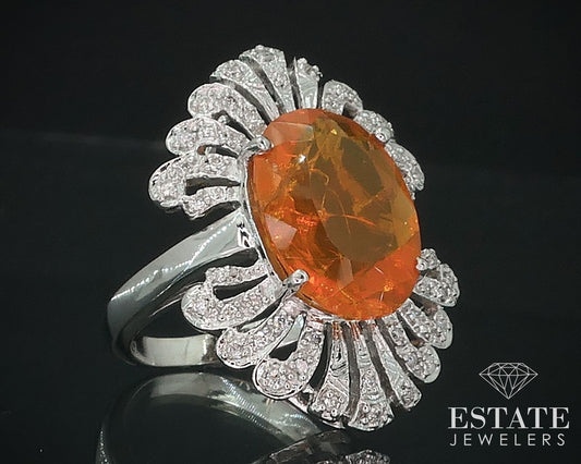 14k White Gold Natural Mexican Fire Opal & Diamond Cocktail Ring 8.6g i17699