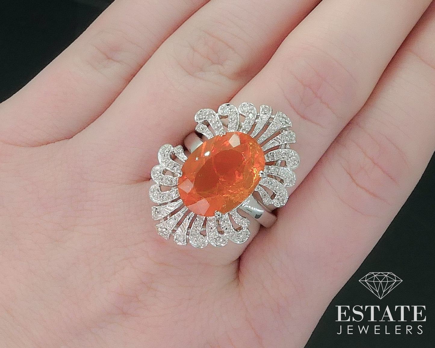 14k White Gold Natural Mexican Fire Opal & Diamond Cocktail Ring 8.6g i17699
