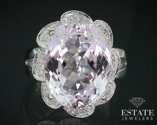 14k White Gold Oval Natural 10ct Kunzite & Diamond Ladies Ring 8.1g i17696