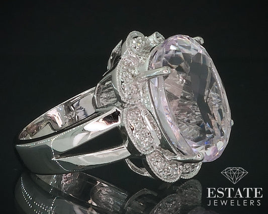14k White Gold Oval Natural 10ct Kunzite & Diamond Ladies Ring 8.1g i17696