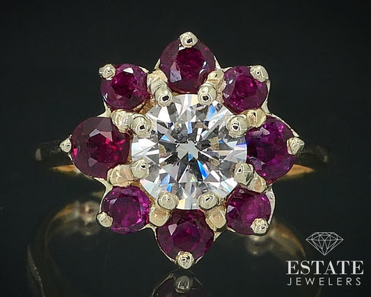 18k Yellow Gold Natural 1.08ctw Diamond & Ruby Flower Ring 2.8g i17722