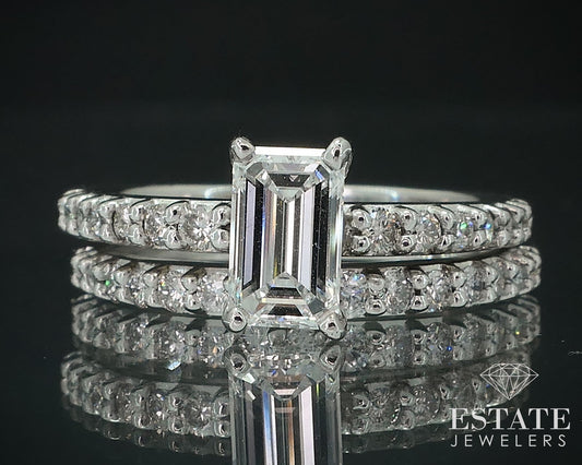 18k White Gold GIA Emerald Natural 1.10ctw Diamond Wedding Set 6g i17723