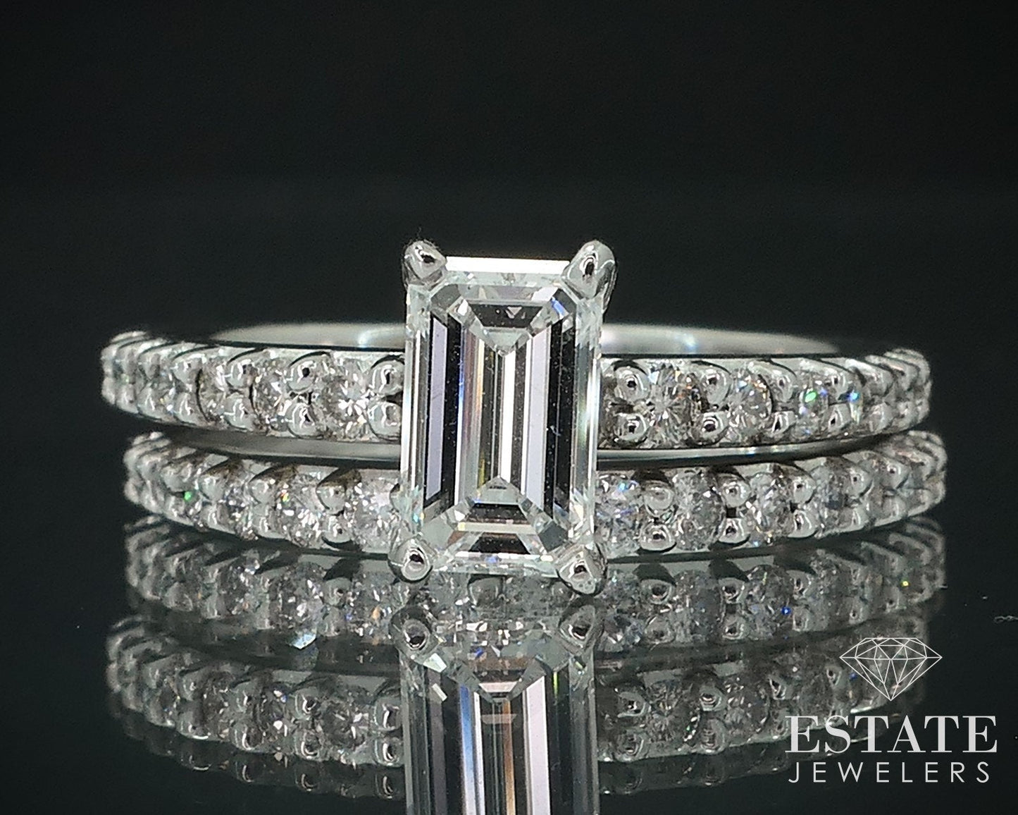 18k White Gold GIA Emerald Natural 1.10ctw Diamond Wedding Set 6g i17723