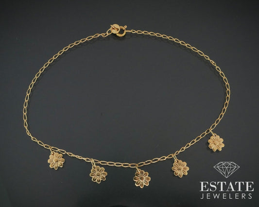 14k Yellow Gold Flower Charm Curb Chain Ankle Bracelet 2.9g 9.25"L i17736b