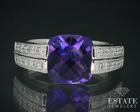 14k White Gold Cushion Natural Amethyst & Diamond Ladies Ring 5.6g i17729b