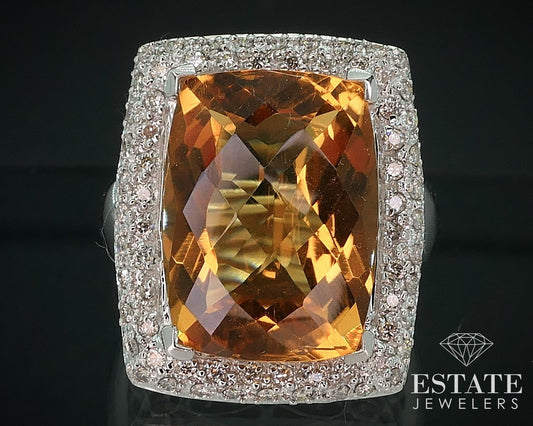 14k White Gold Cushion Natural 6.5ct Citrine & Diamond Cocktail Ring 7.5g i17765