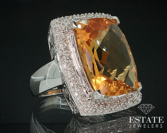 14k White Gold Cushion Natural 6.5ct Citrine & Diamond Cocktail Ring 7.5g i17765