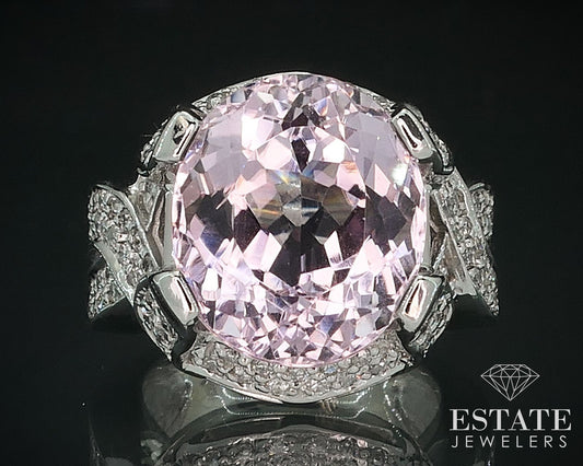 14k White Gold Oval Natural 8.5ct Kunzite & Diamond Ladies Ring 14.2g i17761