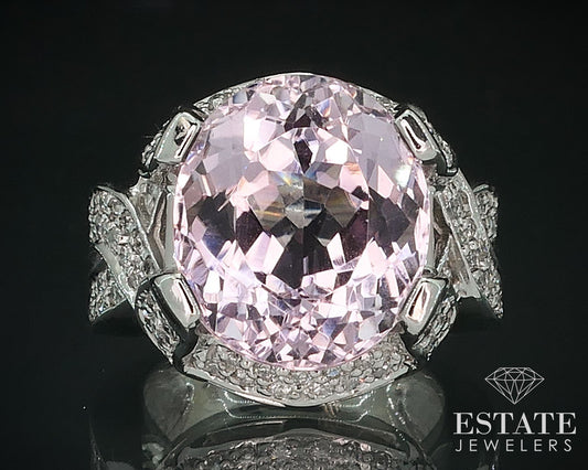 14k White Gold Oval Natural 8.5ct Kunzite & Diamond Ladies Ring 14.2g i17761