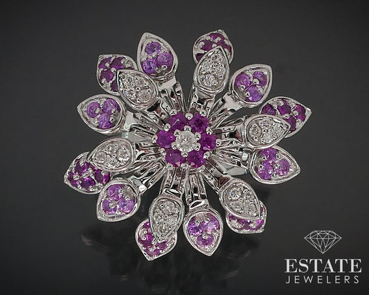 18k White Gold Natural Sapphire & Diamond Articulated Flower Ring 17g i17770