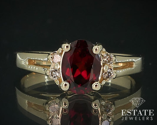 14k Yellow Gold Oval Natural Garnet & Diamond Ladies Ring 3.5g i17799b