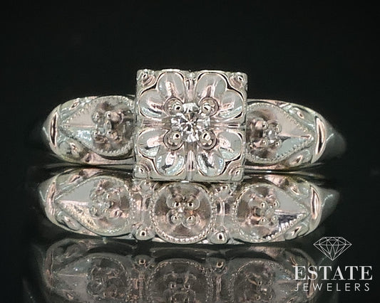 Vintage 14k White Gold Round Natural .10ctw Diamond Wedding Set 4.3g i17801b