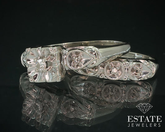 Vintage 14k White Gold Round Natural .10ctw Diamond Wedding Set 4.3g i17801b