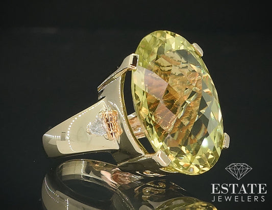 14k Yellow Gold Oval Natural Lemon Quartz & Diamond Ring 10.1g i17792