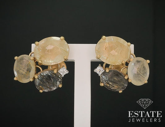 18k Yellow Gold Nanis Ipanema Rutilated Quartz & Diamond Earrings 5.9g i17780